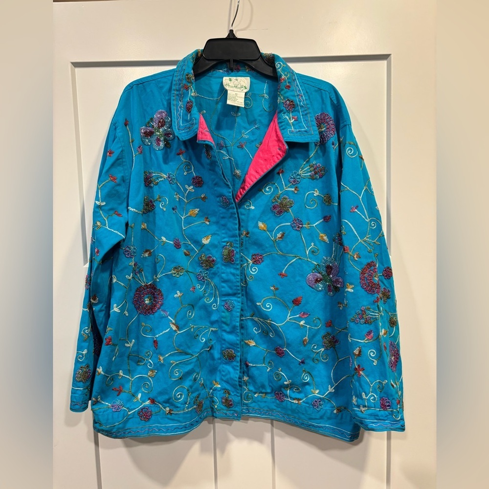 Quacker Factory Turquoise Embroidered Reversible Jean Jacket with Pink Trim